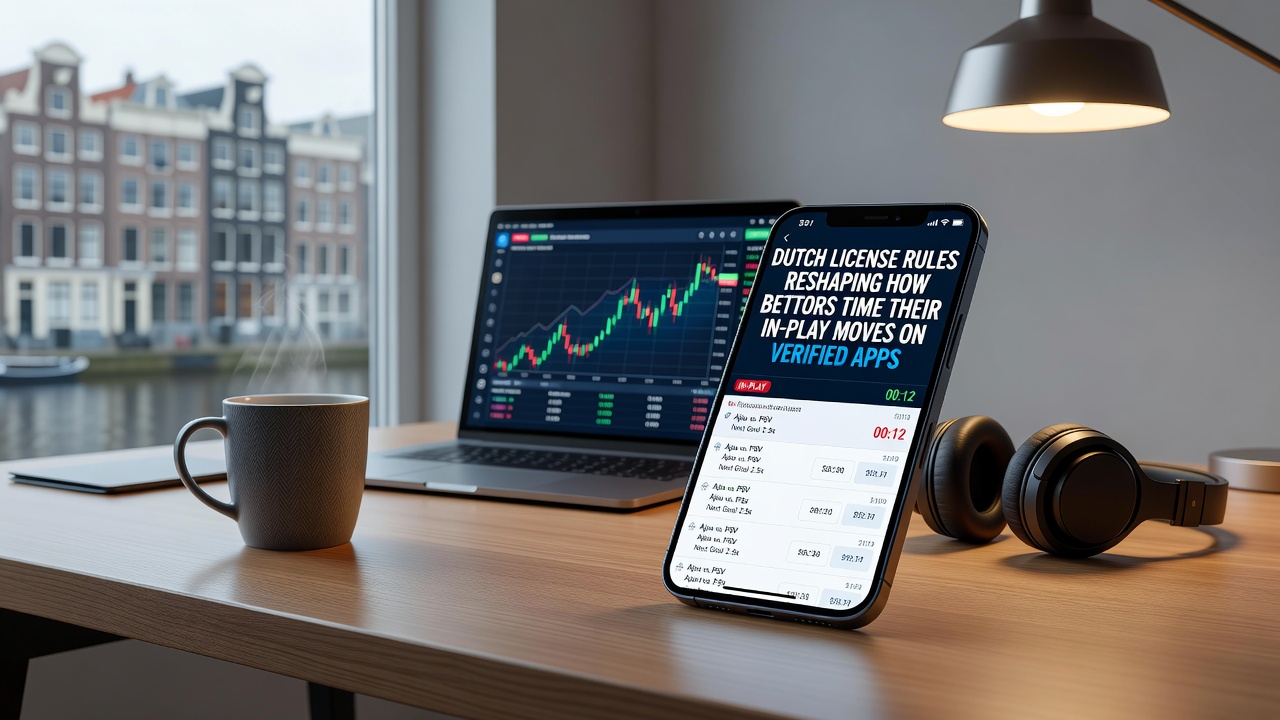 Illustratie van Nederlandse bettors die in-play weddenschappen timen op geverifieerde mobiele apps onder licentieregels