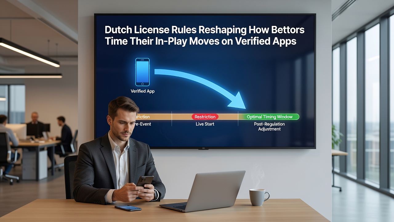 Weergave van een mobiele betting app interface met in-play timing functies en licentie verificatie elementen