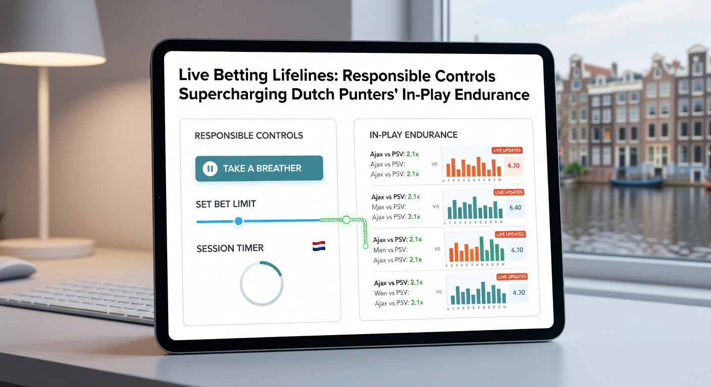 Schermafbeelding van een responsible gambling dashboard op een Nederlandse live betting app met limieten en waarschuwingen