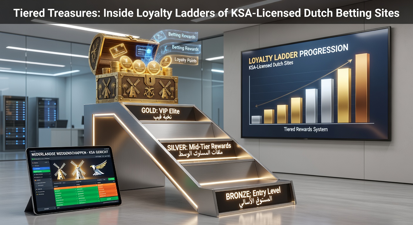 Grafische weergave van een loyaliteitsladder met tiers zoals brons, zilver en goud op een Nederlands wedkantoorplatform, inclusief beloningen zoals free bets en cashback